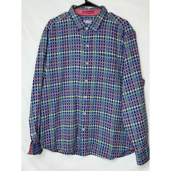 Tommy Bahama Mens Large Blue Silk Blend Blue Plaid Button Down Long Sleeve Shirt - Picture 1 of 7